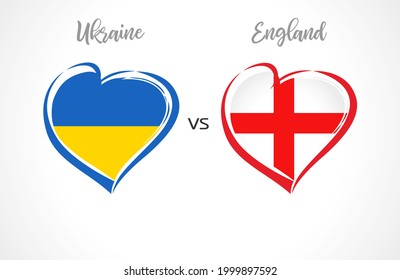 Ukraine vs England, flag emblems. National team soccer icons on blue background. Ukrainian and English national flag in heart. Vector illustration for football championship final competition