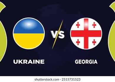 Ucrania vs Georgia, en la competencia de fútbol Banderas rivales de ambos Equipos con forma de fútbol. Aislar con el color azul oscuro y el fútbol. Archivo EPS editable. Partido de fútbol UKR VS GRA. 