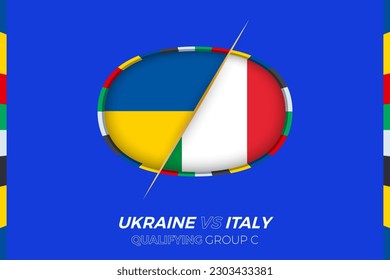 Ukraine vs Italy icon for European football tournament qualification, group C. Competition icon on the stylized background.