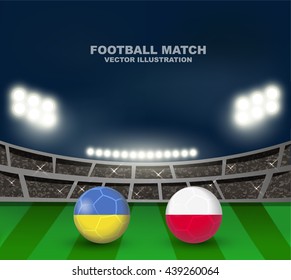 Ukraine vs Poland soccer ball in flag design on stadium background for football tournament , this image for sport match template or banner in vector illustration