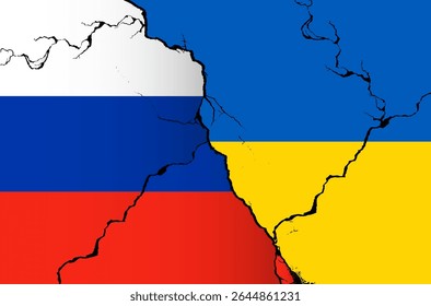Ukraine vs Russia Cracked Flag Conflict Concept
