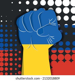 Ukraine VS Russia, fisted hand with ukrainian flag in front of russian flag, conflict between russia and ukraine, vector illustration