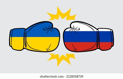 Ukraine VS Russia, gloves with flags, conflict between Russia and Ukraine. Isolated, vector illustration on white background