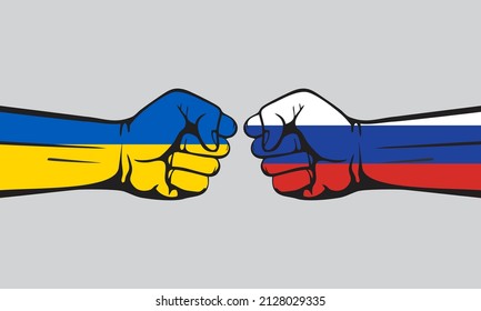 Ukraine VS Russia, hands with flags, conflict between Russia and Ukraine. Isolated, vector illustration on white background