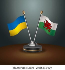 Ukraine and Wales flag together. Small table flag with color gradient background
