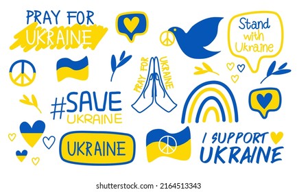 Ukraine war icon set, Peace and support for Ukraine. Vector Illustration isolated on white background.