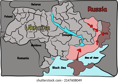 Ukraine war map. Russia and Ukraine military conflict 2022 in the southeast. Vector illustration modern