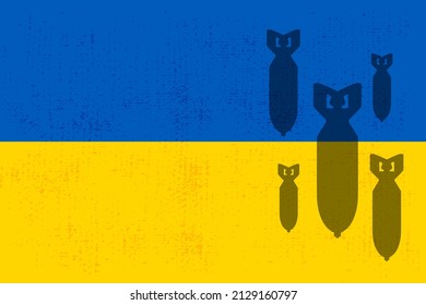 Ukraine war vector background, ukraine national flag with aircraft bomb silhouette illustration