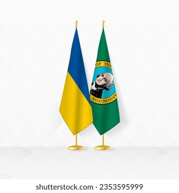 Ukraine and Washington flags on flag stand, illustration for diplomacy and other meeting between Ukraine and Washington. Vector illustration.