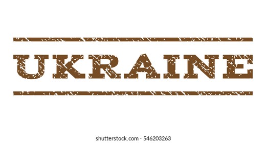 Ukraine watermark stamp. Text caption between horizontal parallel lines with grunge design style. Rubber seal stamp with unclean texture. Vector brown color ink imprint on a white background.