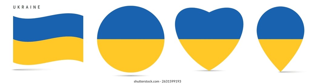 Ukraine waving flag, round circle sticker badge, heart shaped icon, map pin. Ukrainian flag buttons of different shapes. Vector illustration isolated on white.