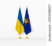 Ukraine and Wisconsin flags on flag stand, illustration for diplomacy and other meeting between Ukraine and Wisconsin. Vector illustration.