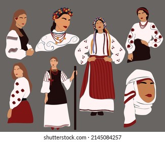 Ukraine women clip art. set of Abstract clipart of Ukrainian girls in traditional clothes. Contemporary women's portrait. Modern female clip art. Stock vector illustration, isolated