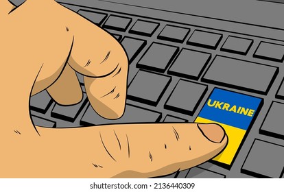 Ukraine word on computer keyboard. Man push keypad on laptop. Comic book style concept. 