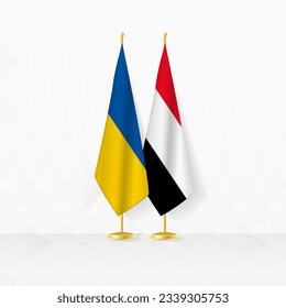 Ukraine and Yemen flags on flag stand, illustration for diplomacy and other meeting between Ukraine and Yemen. Vector illustration.