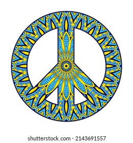 Ukraine. Zen art, Mandala. Peace and love. Support Ukraine sign. Sign with colors of Ukrainian flag. Stop War hippie concept. Vector illustration. 
