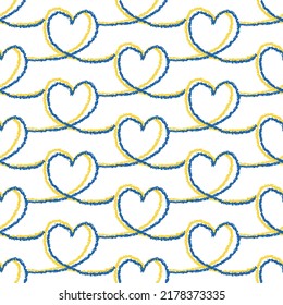 Ucrania.Corazón de Ucrania.Patrón vectorial sin foco con corazones ucranianos en colores amarillos y azules.Amarillo y azul.Reza por Ucrania.Fondo con corazones abstractos