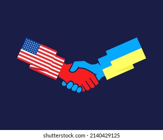 Ukrainian and American friendship mutual help and partnership handshake Abstract Vector Sign Peace Symbol Icon Template. Hand Shake with Ukraine and USA flags hands. Isolated