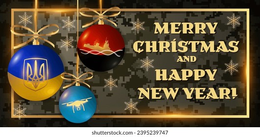 Ukrainian Army Christmas card vector template with patriotic decorations