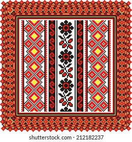 Ukrainian art ornament with red and black elements.