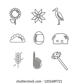 Ukrainian attributes, symbols, pictograms, design elements. Vector illustration. Sunflower, embroidery, stork, boiled dough, pierogi, vareniki, Easter Egg, Ukrainian Hut, wheat, corn,
 bandura, mace.