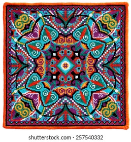 Ukrainian authentic embroidery carpet, handmade cross-stitch geometric artwork