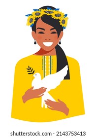 A Ukrainian beautiful girl in an embroidered shirt and a wreath of sunflowers holds a white dove in her hands and wishes peace in Ukraine. Vector.