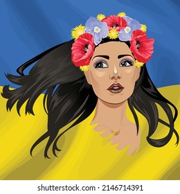 Ukrainian beautiful woman with a wreath on her head. Pray for Ukraine. Blue and yellow colors abstract illustration. Ukrainian flag.