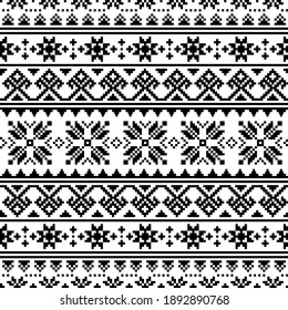 Ukrainian, Belarusian embroidery vector seamless pattern, cross-stitch black and white ornament inpired by folk art - Vyshyvanka. Slavic ornament from Eastern Europe, repetitive monochrome decoration 