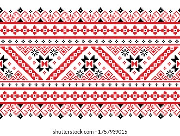Ukrainian, Belarusian folk art vector seamless pattern in red and black, inpisred by traditional embroidery Vyshyvanka. Slavic repetitive folk art design on white from Eastern Europe, long horizontal 