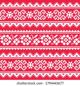 Ukrainian and Belarusian folk art vector seamlesss pattern - inspired by retro Slavic cross-stitch designs in white on red background. Repetitive ethnic embroidery design, wallpaper and textile art