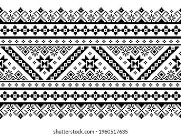 Ukrainian, Belarusian folk art vector seamless pattern, retro monochrome long cross-stitch ornament inpired by folk art - Vyshyvanka. Slavic traditional black and white ornament from Eastern Europe