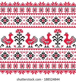 Ukrainian, Belarusian Slavic folk knitted red embroidery pattern with birds - Vyshyvanka