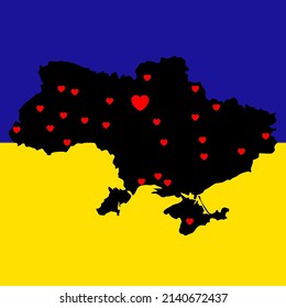 Ukrainian black map in the color of blue and yellow flag. Ukraine in mourning. Heart in Kyiv and other big cities. Vector illustration, concept save Ukraine from russia and stop war.