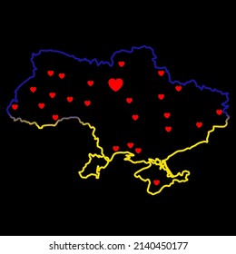 Ukrainian black outline map in color of blue and yellow flag. Ukraine in sorrow. Heart in Kyiv and other big cities. Vector illustration, concept save Ukraine from russia and stop war.