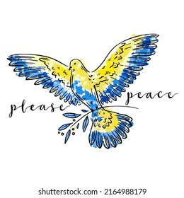 Ukrainian blue and yellow flag symbol - dove peace. Vector illustration. Support print with text. Vintage grange icon for design.