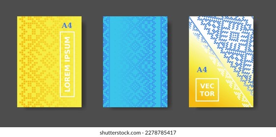 Ukrainian blue and yellow modern cover set. Poster, catalog, magazine, report title set. Vector A4 cover designs in Ukrainian colors. Etnic geometric ornament, print, pattern.