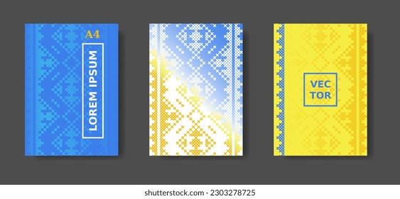Ukrainian blue and yellow modern cover set. Poster, catalog, magazine, report title set. Vector A4 cover designs in Ukrainian colors. Etnic geometric ornament, print, pattern.