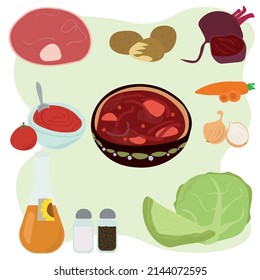 Ukrainian borsch, ingredients and a plate with a ready dish, a dish of national cuisine vector illustration