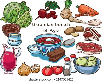 Ukrainian borsch of Kyiv vector set ingredients