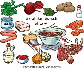 Ukrainian borsch of Lviv vector set ingredients