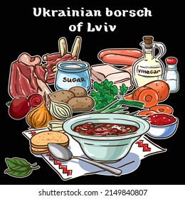 Ukrainian borsch of Lviv vector set ingredients