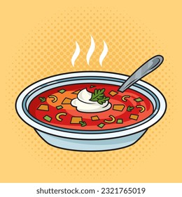 Ukrainian Borsch plate sour soup pinup pop art retro vector illustration. Comic book style imitation.