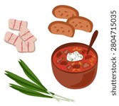 Ukrainian borsch red beet soup with lard and green onion for restaurant menu. Vector illustration