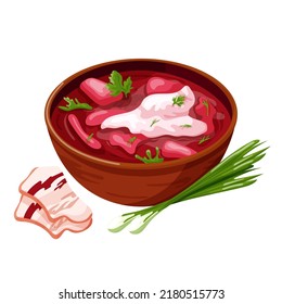 Ukrainian borscht with green onion, sour cream and lard. Vector cartoon illustration isolated on a white background.