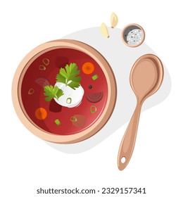 Ukrainian borscht with parsley, onion and garlic. Vector illustration