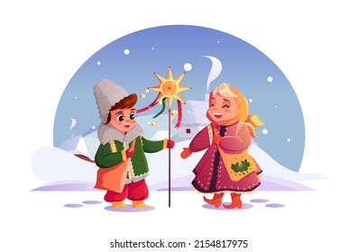 Ukrainische Karoler. Kinder-Karoler singen die Kulisse des ukrainischen Winterdorfes. Weihnachtsstern. Vektorcute Illustration im Cartoon-Stil.