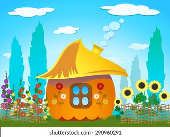 Ukrainian cartoon house with lath fence and flowers in summer landscape 