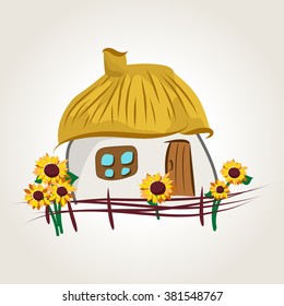 Ukrainian cartoon house with lath fence and sunflowers, vector illustration