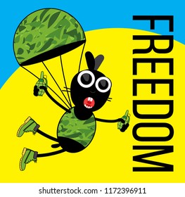 Ukrainian character in vector. Hare jump with a parachute. Cartoon warrior print. Freedom background.
